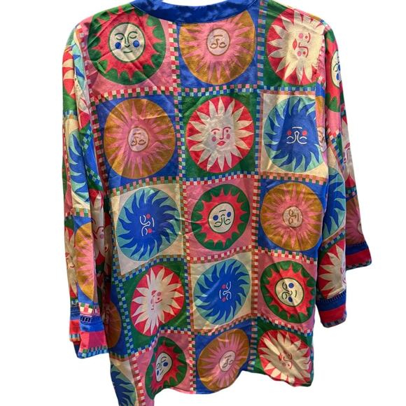 Johnny Was Workshop Front Tie Villa Silk Blouse Sun Print XL NWT Boho Gift - Picture 4 of 8